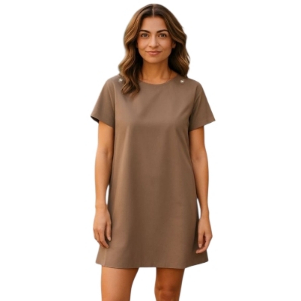 Zara Minimalist Mini Dress‎ Crew Neck Short Sleeve Brown Women's Size XL NWT